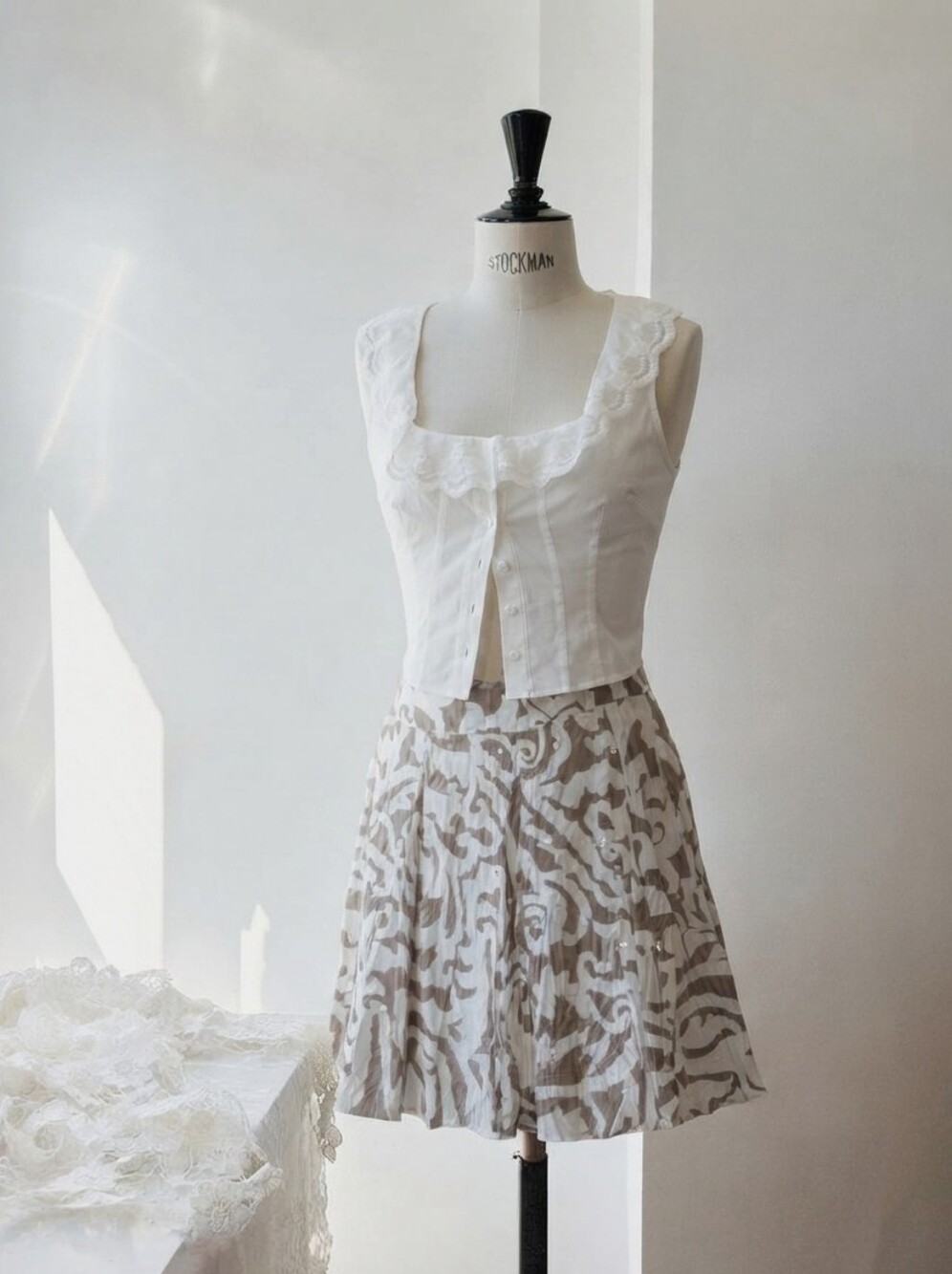 INC International Concepts White and Taupe Printed Pleated Skirt with Sequins